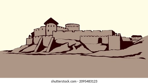Eastern Belgorod country, Odessa region view. Arabic past stone rock wall tourist palace ruin. Bright color hand drawn aged hill bay water scene picture. Retro art engraved style. White sky text space