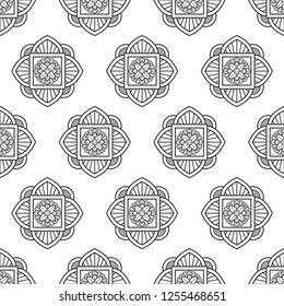 Eastern black and white flower mandala motif. Vintage allover vector pattern for adult colouring book, interior, wallpaper, fabric, textile, phone case. Exotic floral seamless geometric graphic design