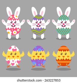 Eastern bunnies and chicks in broken Easter eggs