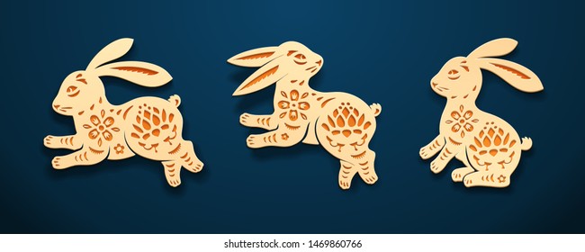 Eastern bunny or rabbit paper art or isolated icons of hare carving. Lapin decoration or cony ornament, wildlife animal. Moon or lunar rabbit for chinese holiday - mid autumn festival. Design element