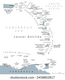 Eastern Caribbean islands, gray political map. Puerto Rico, Virgin Islands, Leeward and Windward Islands, and part of the Leeward Antilles north the coast of Venezuela, located in the Caribbean Sea.