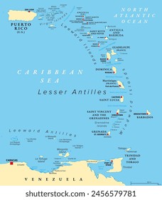 Eastern Caribbean islands, political map. Puerto Rico, Virgin Islands, Leeward and Windward Islands, and part of the Leeward Antilles north the coast of Venezuela, all located in the Caribbean Sea.