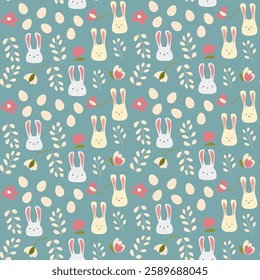 Eastern cartoon pattern with bunnies and eggs on the blue background