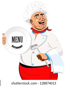 Eastern Chef and big plate on a white background.Vector