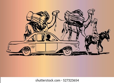 eastern city life sketch of a moving car, a man sitting on a donkey and two camels with luggage on the humps