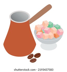 Eastern coffee icon isometric vector. Multi colored rahat lokum and copper turk. Traditional drink, oriental culture