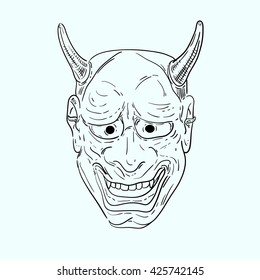 Eastern countries national symbol. religious mask. Mask Japanese gods.devil face with horns. Japanese man in the mask. theatrical mask. buskin and the sock. anger demon mask. just line