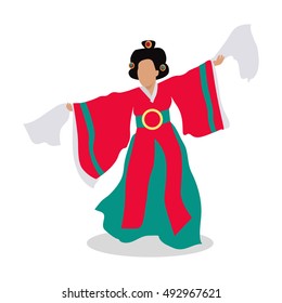 Eastern dancer isolated. Folk dance concept flat design. Arabic dancer. Azerbaijan dancing in traditional culture costume. Girl perform in national cloth. Body dancer. Lady in colorful dress. Vector