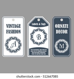 Eastern decor with monograms. Vintage set of ornamental tags. Template labels for cards.
