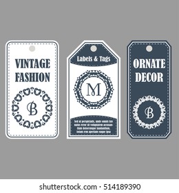 Eastern decor with monograms. Vintage set of ornamental tags. Template labels for cards.