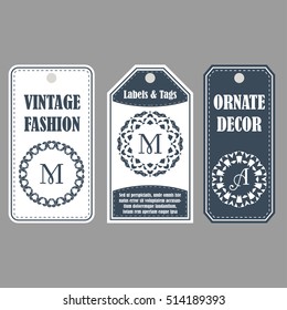 Eastern decor with monograms. Vintage set of ornamental tags. Template labels for cards.