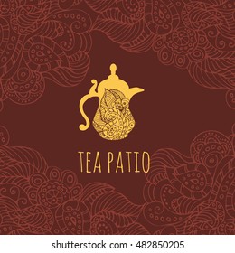 Eastern dishes. Logo in the form of a jug with Oriental ornaments. A Golden pitcher on a brown background. A sophisticated Oriental pattern.The template company's logo, corporate style, identity.