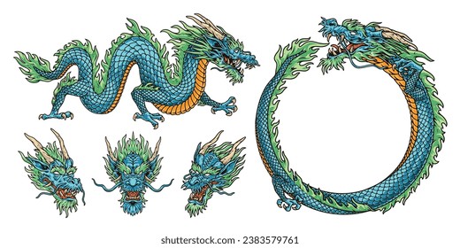 Eastern dragon colorful set logotypes with fantastic reptile with short legs and blue scales or aggressive grimace vector illustration