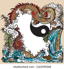 Eastern dragon in a landscape with waterfall , rocks ,plants and clouds . Vector illustration included Yin Yang symbol