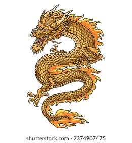 Eastern dragon monster yellow emblem wriggling snake with short legs and threatening look for decoration books about samurai vector illustration