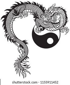 Eastern dragon and Yin Yang symbol. Black and white tattoo vector illustration