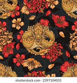 Eastern dragons colorful pattern seamless with golden dragon with strong scales and elegant flowers near flying petals vector illustration