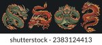 Eastern dragons set emblems colorful with evil monsters from Japanese legends about fight of samurai against evil vector illustration