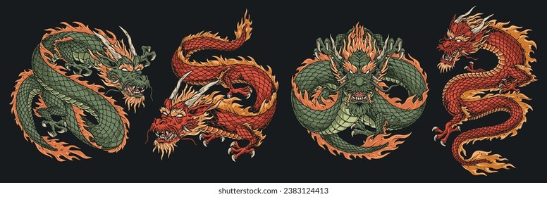 Eastern dragons set emblems colorful with evil monsters from Japanese legends about fight of samurai against evil vector illustration