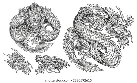 Eastern dragons set logotypes monochrome with long asian snake with angry expression and sharp claws on short paws vector illustration