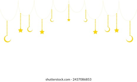 Eastern Eid Lantern Garland: Ornate Muslim Decor with Golden Lanterns, Stars, and Moon. Vector Illustration Set in Islamic Oriental Style