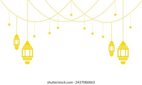 Eastern Eid Laterne Girland: Verzierte muslimische Dekoration mit goldenen Laternen, Sternen und Mond. Vektor-Illustration Set im islamischen orientalischen Stil