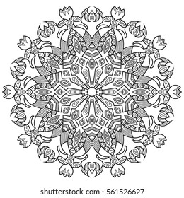 Eastern ethnic flower mandala. Round symmetrical pattern. Coloring book for adults.