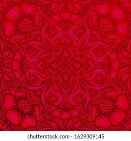 Eastern ethnic motif, traditional indian henna ornament. Seamless pattern, background in red colors. Vector illustration.