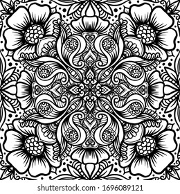 Eastern ethnic motif, traditional indian henna ornament. Seamless pattern, background in black and white colors. Outline vector illustration.