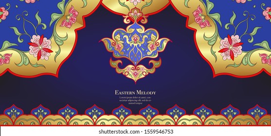 Eastern ethnic motif, traditional muslim ornament. Template for wedding invitation, greeting card, banner, gift voucher, label. Vector illustration