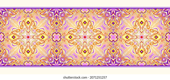 Eastern ethnic royal ornament. Ribbon with Asian folk decoration. Rich decorated seamless pattern. Print for fabric, wallpaper and textile. Beautiful ornate background. Vector illustration.