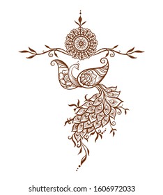 Eastern ethnic style compositions, mehendi, traditional indian henna floral ornament with peacock. Element for design. Vector illustration.