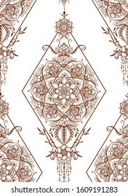 Eastern ethnic style compositions, mehendi, traditional indian henna floral ornament. Seamless pattern, background. Vector illustration.