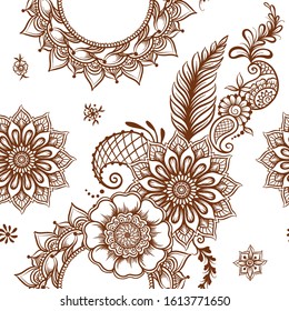 Eastern ethnic style compositions, mehendi, traditional indian henna floral ornament. Seamless pattern, background. Vector illustration.
