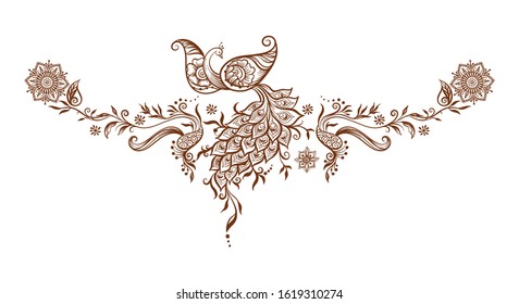 Eastern ethnic style compositions, mehendi, traditional indian henna floral ornament with peacock. Element for design. Vector illustration.