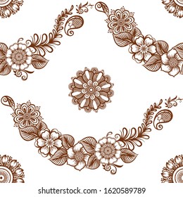 Eastern ethnic style compositions, mehendi, traditional indian henna floral ornament. Seamless pattern, background. Vector illustration.