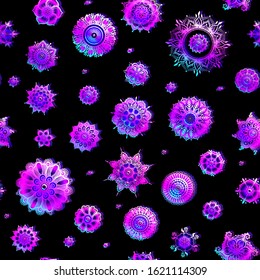 Eastern ethnic style compositions, mehendi, traditional indian henna floral ornament. Seamless pattern, background. Vector illustration in neon, fluorescent colors.