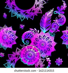 Eastern ethnic style compositions, mehendi, traditional indian henna floral ornament. Seamless pattern, background. Vector illustration in neon, fluorescent colors.