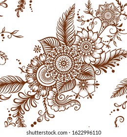 Eastern ethnic style compositions, mehendi, traditional indian henna floral ornament. Seamless pattern, background. Vector illustration.