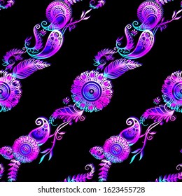 Eastern ethnic style compositions, mehendi, traditional indian henna floral ornament. Seamless pattern, background. Vector illustration in neon, fluorescent colors.