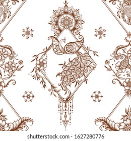 Eastern ethnic style compositions, mehendi, traditional indian henna floral ornament with peacock. Seamless pattern, background. Vector illustration..