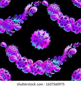 Eastern ethnic style compositions, mehendi, traditional indian henna floral ornament. Seamless pattern, background. Vector illustration in neon, fluorescent colors.