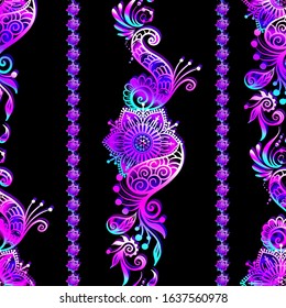 Eastern ethnic style compositions, mehendi, traditional indian henna floral ornament. Seamless pattern, background. Vector illustration in neon, fluorescent colors.