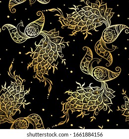 Eastern ethnic style compositions, mehendi, traditional indian henna floral ornament with peacock. Seamless pattern, background in soft pastel colors. Vector illustration..