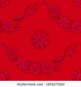 Composiciones de estilo étnico oriental, mehendi, adorno floral tradicional de henna india. Patrón transparente, fondo. Ilustración vectorial en rojo.