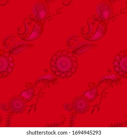 Eastern ethnic style compositions, mehendi, traditional indian henna floral ornament. Seamless pattern, background. Vector illustration in red.