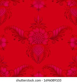 Eastern ethnic style compositions, mehendi, traditional indian henna floral ornament. Seamless pattern, background. Vector illustration in red.