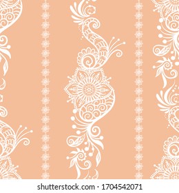 Composiciones de estilo étnico oriental, mehendi, adorno floral tradicional de henna india. Patrón transparente, fondo. Ilustración vectorial.