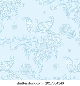 Östliche Kompositionen, mehendi, traditionelles indianisches Henna Blumendekor mit Pfau. Nahtloses Muster, Hintergrund in sanften Pastellfarben. Vektorgrafik...