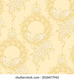 Eastern ethnic style compositions, mehendi, traditional indian henna floral ornament with peacock. Seamless pattern, background in soft pastel colors. Vector illustration..